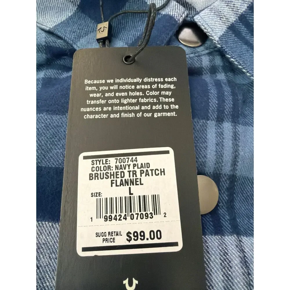 True religion 700744 logo patch brushed flannel shirt navy plaid size large